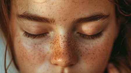 close up view of tender girl with freckles on face touching closed eyesの素材