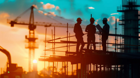 Silhouette Teams of Business Engineers looking for blueprints in construction sites through blurry construction sites at sunset.の素材