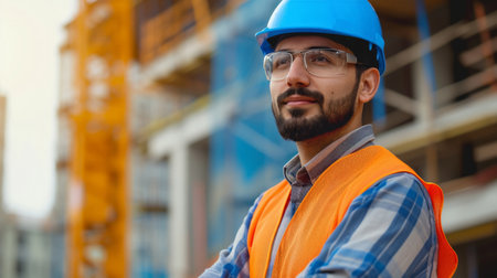Portrait of satisfied construction site manager wearing safety vest and blue helmet with copy space. Young middle eastern architect watching construction site with confidence and looking at camera.の素材