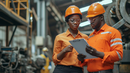Two professional engineer, worker, technician use clipboard discuss work, walk in steel metal manufacture factory plant industry. Black African American man and woman wear hard hat checkの素材