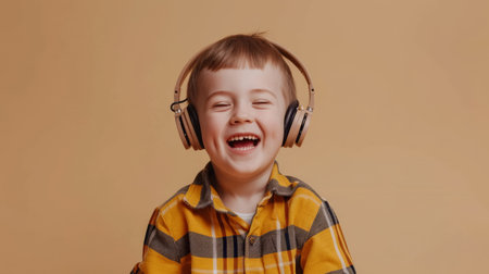 White boy with down syndrome in headphones laughing at camera isolated over beige backgroundの素材