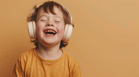 White boy with down syndrome in headphones laughing at camera isolated over beige backgroundの素材