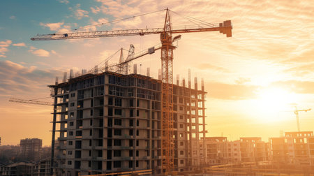 Construction site with crane and buildingの素材
