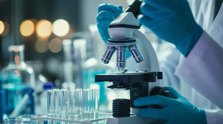 chemist,scientist hand holding test tube with microscope in laboratory background, science research and development conceptの素材