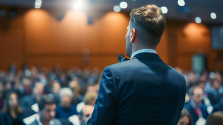 Speaker on the stage with Rear view of Audience in the conference hall or seminar meeting, business and education conceptの素材