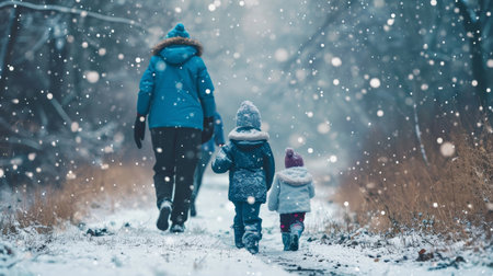 Rear view of family with two small children in winter nature, walking in the snow.の素材