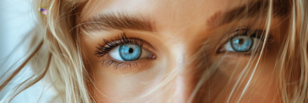 Close-up portrait of young beautiful woman's blue eyes looking at camera. Macro face of gorgeous blonde caucasian female.の素材