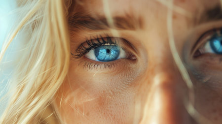Close-up portrait of young beautiful woman's blue eyes looking at camera. Macro face of gorgeous blonde caucasian female.の素材