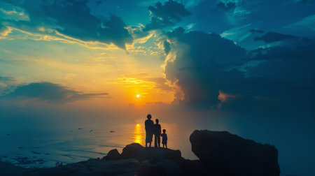 Asian family silhouette during beautiful sunriseの素材