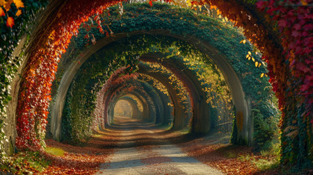 Autumn Fall Road landscape - Real trees tunnel, beautiful autumnal colors, sunny dayの素材