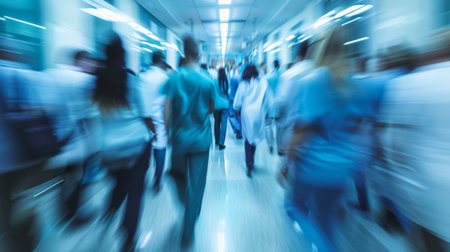 Blurred motion of diverse doctors and medical staff in busy hospital corridor, copy space. Hospital, medical, and healthcare services.の素材