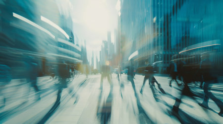 Blurred business people walking in the cityscape, panoramic view of people crossing the roadの素材