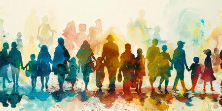 Colorful upper body silhouettes of people from many generations as a population conceptの素材
