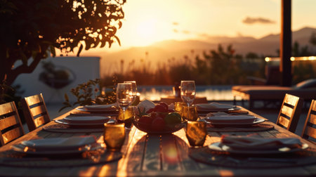 Dinner table overlooking the sunsetの素材