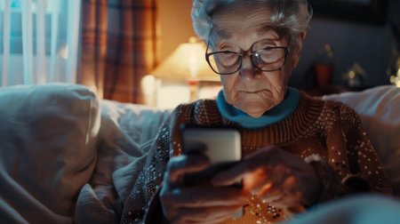 Foto de Elderly people in the digital age concept, Grandma holding the smartphone browsing wireless Internet, looking at a screen, chatting on social networks or shopping online, and relaxing at home. - Imagen libre de derechos