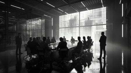 Engineer, Scientists and Developers Gathered Around Illuminated Conference Table in Technology Research Center, Talking, Finding Solution and Analysing Industrial Solutions For Modern Factories.の素材