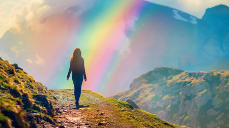 Follow your dream concept. A woman walking along the path to mountain and looking rainbow in the sky.の素材