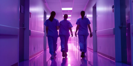 Four healthcare workers in scrubs walking in corridorの素材