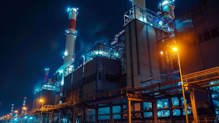Gas fired power plant and factory building at night. Also called gas fired power station or natural gas power plant. That technology to burn natural gas and generate electricity or electrical energy.の素材