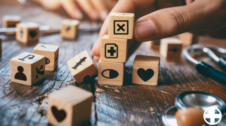 Hand-arranging wood block with healthcare medical icons. Health insuranceの素材