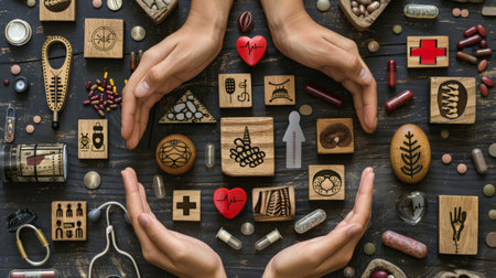 Hand-arranging wood block with healthcare medical icons. Health insuranceの素材