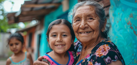 Happy mom with child, grandmother smile for portrait and young girls family in Mexico home together. Senior woman generation with elderly face, International Women's day and mothers Day loveの素材