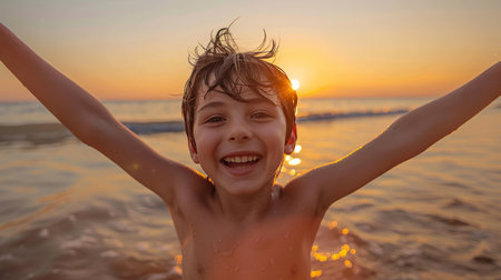 Happy boy enjoying the beach on sunsetの素材