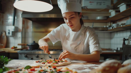In Restaurant Professional Female Chef Preparing Pizza, Adding Ingredients, Special Sauce, Cheese, Traditional Family Recipe. Authentic Italian Pizzeria, Cooking Organic Foodの素材