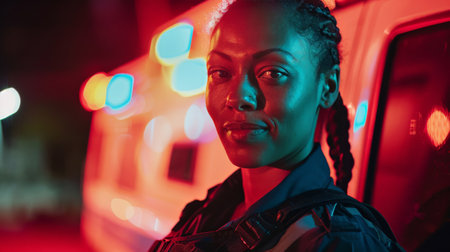 Portrait of Beautiful, Multiethnic, Female Paramedic Specialist on Late Night Shift. Heroic Empowering Woman Smiling and Posing for Camera, Reporting for Duty to Save Lives and Treat Emergenciesの素材