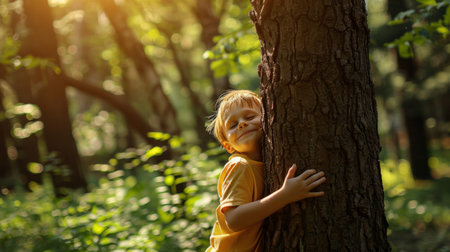 Net zero and carbon neutral concept. Child hugging a tree in the outdoor forest. global problem of carbon dioxide and global warming. Love of nature. greenhouse gas emissions target Climate Neutralの素材