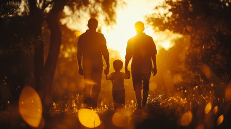 Silhouette family mother, father and young son holding hands, taking a swim in the sea for the first time the children over blurred beautifulの素材