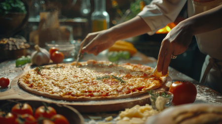 In Restaurant Professional Female Chef Preparing Pizza, Adding Ingredients, Special Sauce, Cheese, Traditional Family Recipe. Authentic Italian Pizzeria, Cooking Organic Foodの素材