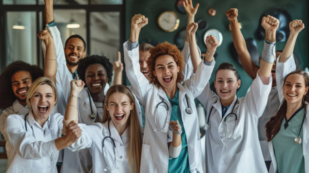 Large diverse multiethnic medical team standing cheering and punching the air with their fists as they celebrate a success or motivate themselvesの素材