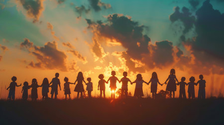 Silhouette back refugee kid group.Responsible.Kid child boy and girl worship.World kids day, Pray and worship, Hope, freedom, Diverse, Faith.World refugee day.Juneteenth kid.Friends.Potential unlock.の素材