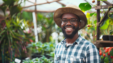 Portrait of young African male farmer or small business owner at plant nurseryの素材