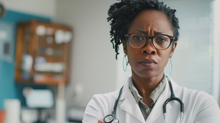 Portrait of female African American doctor with Stethoscope in her office at clinic.の素材