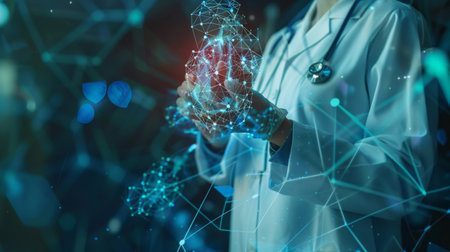 Medicine doctors hold icon health and electronic medical records on the interface. Digital healthcare and network connection on hologram virtual screen, insurance. medical technology and network concept.の素材