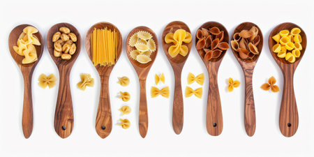 Pasta selection of penne, gnocci, rigatoni, casarecce, fiorelli, pasta Farfalle, pasta A Riso, Orecchiette Pugliesi, Gnocco Sardo and Farfalle in wooden spoons over white backgroundの素材