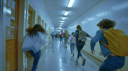 School kids running in elementary school hallway, front viewの素材