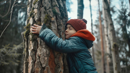 Net zero and carbon neutral concept. Child hugging a tree in the outdoor forest. global problem of carbon dioxide and global warming. Love of nature. greenhouse gas emissions target Climate Neutralの素材