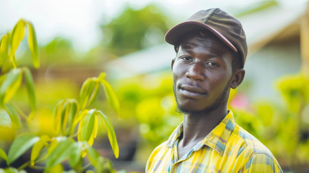 Portrait of young African male farmer or small business owner at plant nurseryの素材