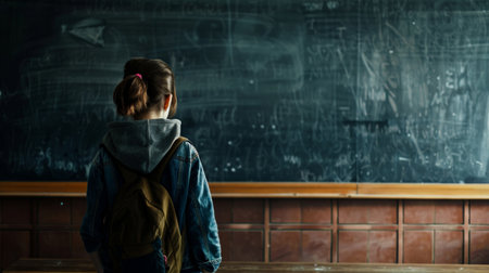 Teenager in class on background of blackboardの素材