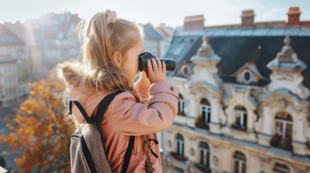 Cute girl of school age on building roof looking in binocularsの素材