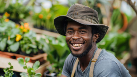 Portrait of young African male farmer or small business owner at plant nurseryの素材