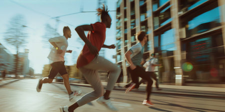 People running fast travelling in cityの素材