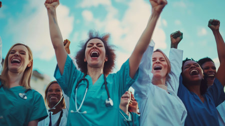 Large diverse multiethnic medical team standing cheering and punching the air with their fists as they celebrate a success or motivate themselvesの素材