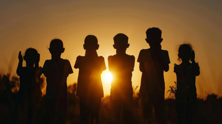 Silhouette back refugee kid group.Responsible.Kid child boy and girl worship.World kids day, Pray and worship, Hope, freedom, Diverse, Faith.World refugee day.Juneteenth kid.Friends.Potential unlock.の素材