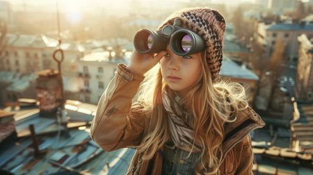 Cute girl of school age on building roof looking in binocularsの素材
