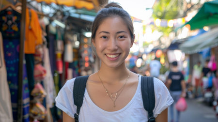 Young Asian traveling backpacker at outdoor market in Bangkok, Thailandの素材