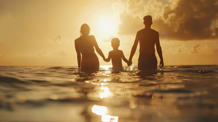 Silhouette family mother, father and young son holding hands, taking a swim in the sea for the first time the children over blurred beautifulの素材